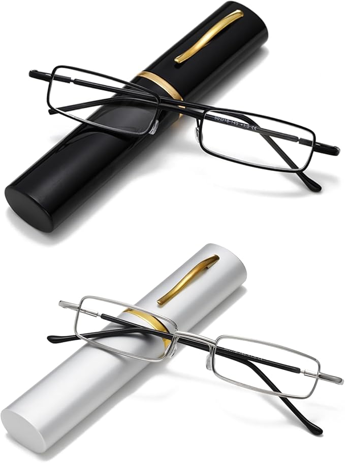 Viseng Slim Mini Metal Reading Glasses Compact Lightweight Portable Readers with Glasses Case for Reading Case,Black+Silver+1.0
