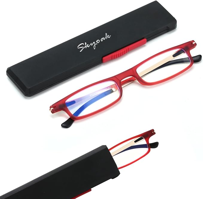 SKYOAK Ultra thin Lightweight Folding Reading Glasses Women Men TR90 Blue Light Blocking Anti UV/Eyestrain Foldable Compact Computer Readers Portable Unique Stretchable Slim Flat Case Red +3.0