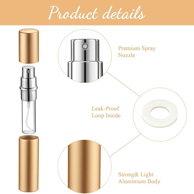 Zonon 56 Pieces 5 ml Refillable Perfume Atomizer Mini Refillable Spray Perfume Bottle Portable with 56 Pieces Refill Pump Dispenser Pump Transfer Tool for Outgoing(Gold)