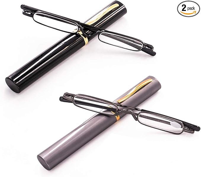 Viseng 2 Pack Slim Mini Metal Reading Glasses Compact Lightweight Portable Readers with Glasses Case for Reading Case +1.5