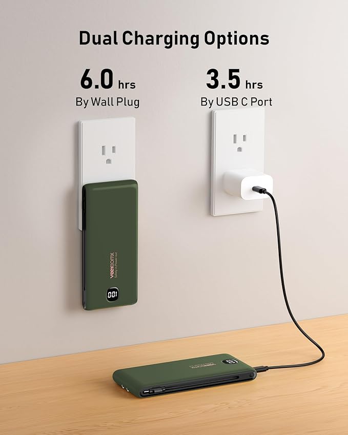 VEEKTOMX Portable Charger with Built in Cables 10000mAh, Power Bank for iPhone with AC Wall Plug, Fast Charging USB C Slim Battery Pack with LED Display Compatible with iPhone 17/16/15, Samsung