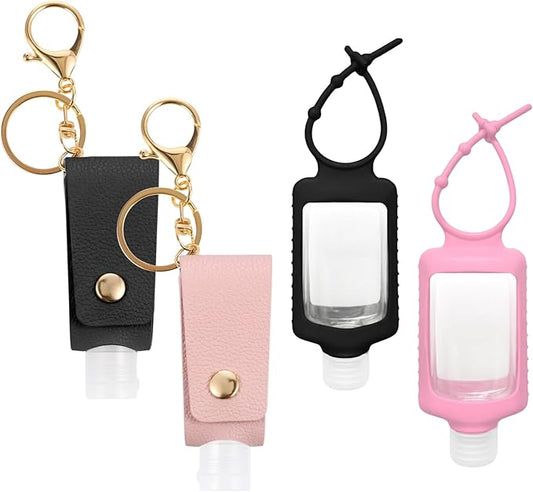 4 PCS Hand Sanitizer Holder Keychain, 2 Oz Refillable Empty Travel Squeeze Bottles for Lotion Liquid, Travel Essentials for Backpack (Black, Pink)