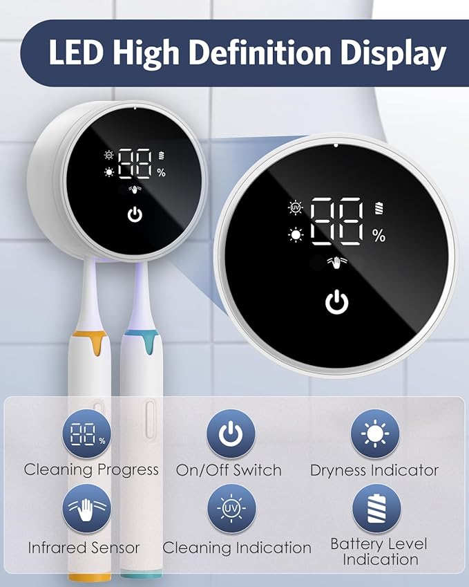 Upgraded UV Toothbrush Sanitizer Holder with Infrared Sensor & Heat Drying, Temracha Wall-Mounted Toothbrush Holder for the Bathroom, LED Smart Display, Fits Toothbrushes & Razor, Portable for Travel