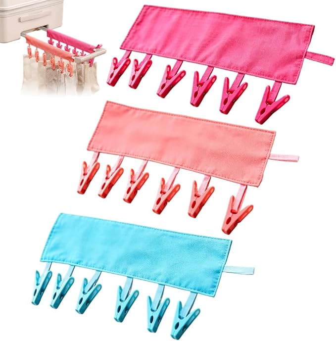 Portable Hanger Clips & Travel Clothesline, Foldable Towel Drying Rack with 6 Clips, Swimsuit Sock Drying Rack Hanger, Travel Hangers for Cruise Hotel Dorm (Set B 3pack)