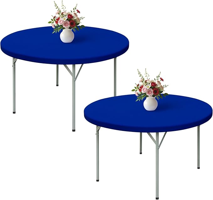 Wolkemer 2 Pack 5 Foot Blue Fitted Tablecloth 60 Inch Round Elastic Edges Table Cloth, Spandex Stretch Table Cover with Machine Washable Fabric for Wedding Party Picnic Dining Indoor Outdoor