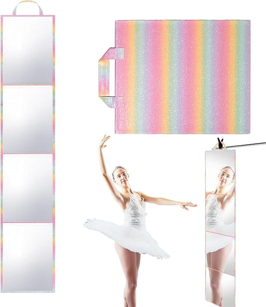Foldable Full Length Mirror, 2 in 1 Hangable & Tabletop Acrylic Mirror, Portable Travel Mirror with Handle for Dance Bedroom Wardrobe Stage Makeup Checks Camping Outdoor Use (47" x 12.5", Four-Fold)