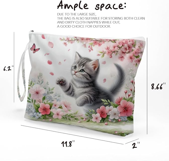 Fokongna Cute Print Wet Bag, Small Portable Waterproof Multi-Functional Organizer for Women, Pink Cherry Blossom Cat, Ideal for Daily, Beach & Travel