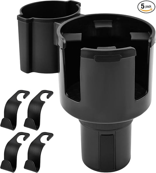 1 Pack Car Cup Holder Expander 2 in 1 Adapter with Expandable Base, Car-Seat Headrest Hook 4 Pack Hanger Storage Organizer fit Universal Vehicle Car Mugs in 2.2"-4.6" (10-46oz)