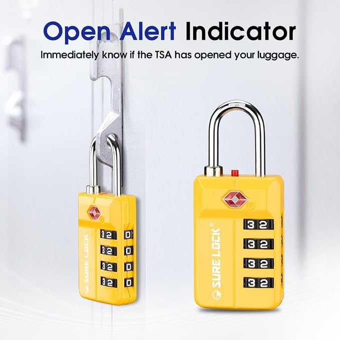 SURE LOCK TSA Approved 4-Digit Resettable Combination Luggage Lock with Open Alert, Easy-Read Dials - for Luggage, School Lockers, Gym, Office, Toolbox & Security Cases(Yellow 1PACK)