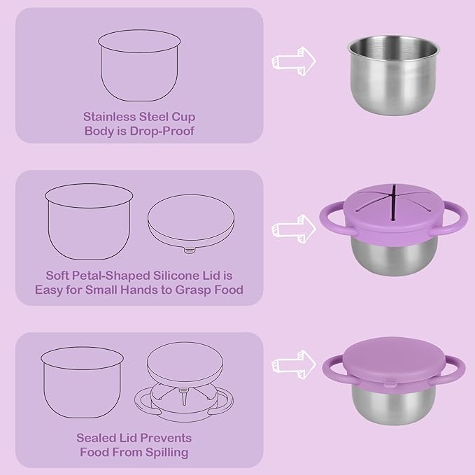 Daximo 2 Pack Snack Cups for Toddlers Spill Proof - Detachable Stainless Steel Toddler Snack Cups with Silicone Lids & Handles - Dishwasher Safe Snack Container(Red and Purple)