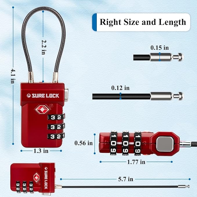 SURE LOCK TSA Approved Luggage Locks with Open Alert Indicator, 3 Digit Combination Cable Travel Lock for Suitcase, Backpack, Gym Locker, Toolbox, Carry On & Travel Bag