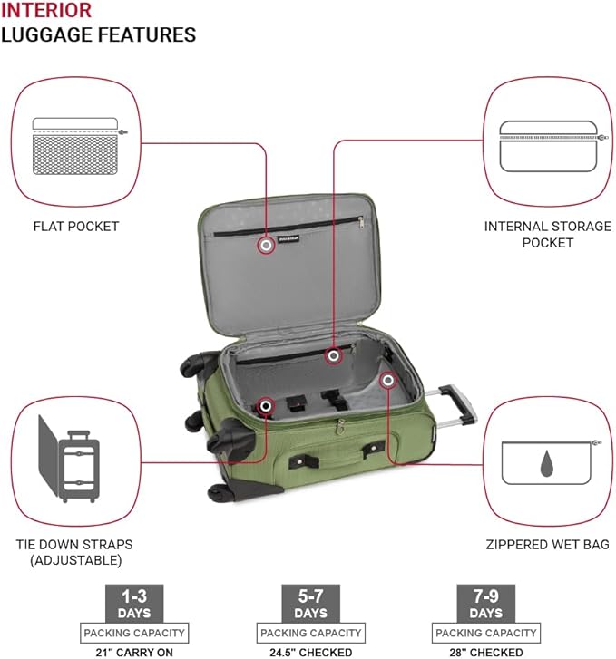 SWISSGEAR Sion Softside Expandable Spinner Luggage Durable Lightweight Travel Suitcase, Evergreen, 3-Piece Set (Carry-On/Medium/Large)