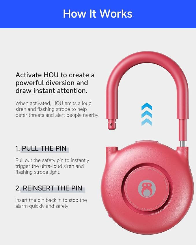 HOU 130dB Personal Alarms for Women – USB-C Rechargeable Self Defense Alarm Keychain with Strobe Light – Loud Personal Safety Alarm for Students & Jogging – Safe for Seniors, Magenta