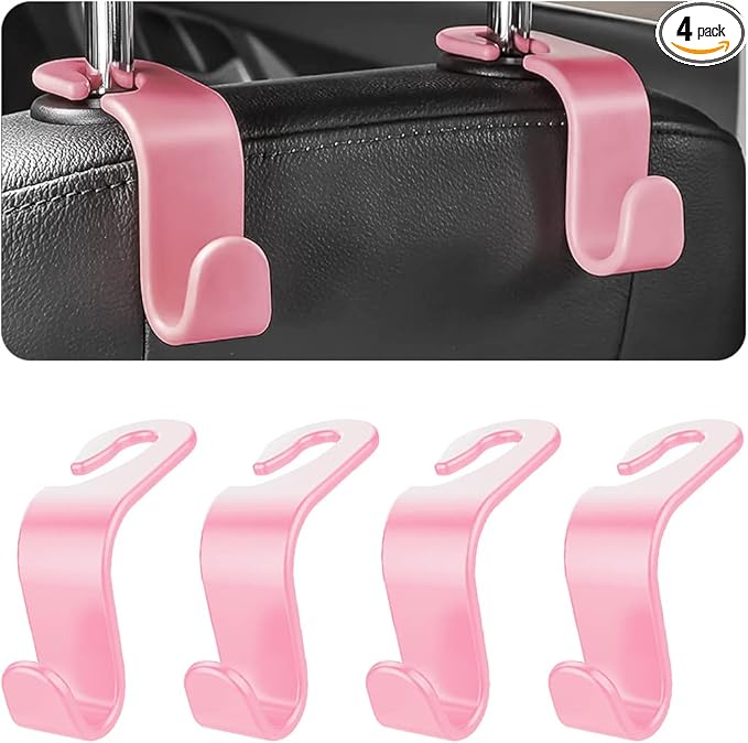 8sanlione Car Back Seat Headrest Hooks, 4PCS Vehicle Backseat Storage Organizer Hanger, Multifunctional Auto Headrest Hidden Hook Universal for Handbag Purse Backpacks Bags and Groceries (Pink)