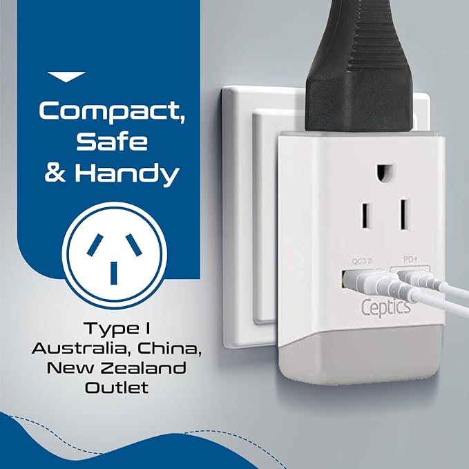 Ceptics Australia China New Zealand Power Plug Adapter, QC 3.0 & PD - Safe Dual USB & USB-C - 2 USA Socket for USA to Australian New Zealand Fiji Argentina, Type I AP-16 Fast Charging