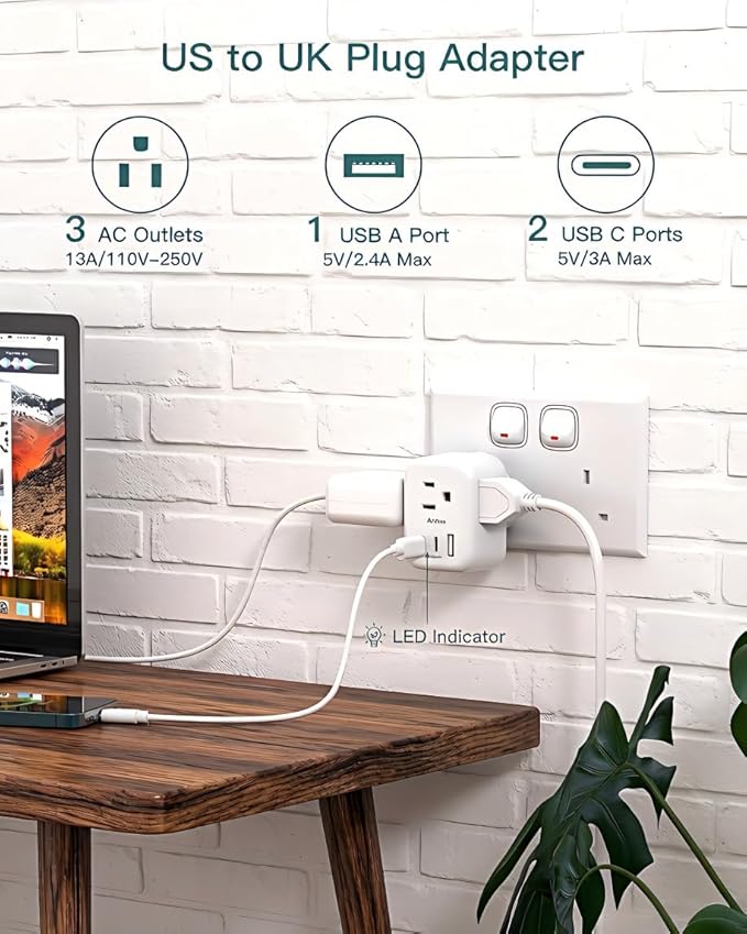 Addtam US to UK Ireland Travel Plug Adapter, Type G Power Plug Adapter with 3 Outlets 3 USB Ports(2 USB C), UK Adapters for USA to Dubai England London Scotland British Kenya Irish Hongkong, 3 Pack