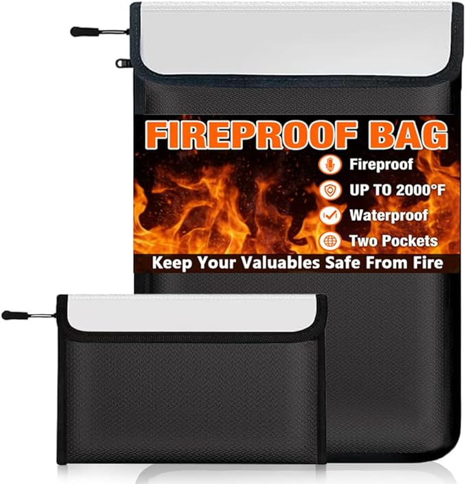 Fireproof Waterproof Document Bag - 2000℉ Protection, Upgraded Two Pockets, Reflective Strips | 2 Sizes (5x8in & 11x15in) | Certified Fire Safe Bag for Cash, Passports & Legal Files (Black)