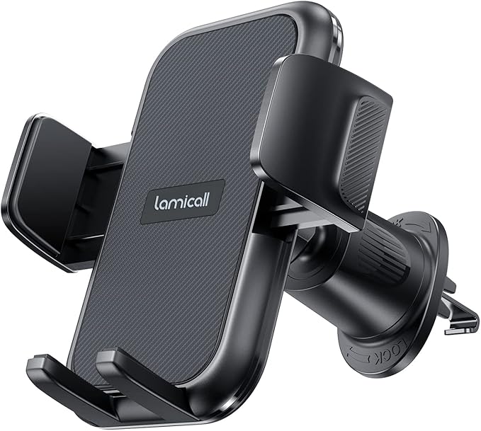 Lamicall 2026 Wider Clamp & Metal Hook Car Phone Holder Vent [Thick Cases Friendly] Phone Holders for Your Car Camera Mounts Automobile Hands Free Cradle Air Vent for iPhone 17 16 15 Pro Max Dark Grey