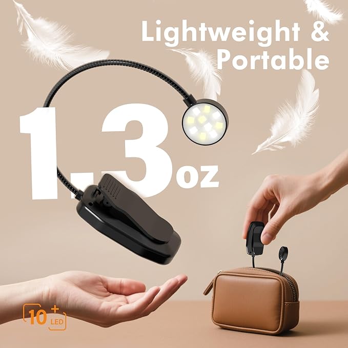 KTEBO 2 Pack 10 LED Rechargeable Book Light for Reading in Bed - Eye Caring 3 Color Temperatures, 3 Adjustable Brightness, Long Runtime Small Lightweight Clip On Book Reading Light for Studying