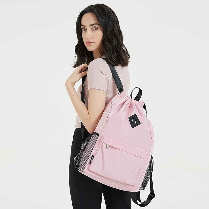 WANDF Drawstring Backpack Sports Gym Bag with Shoes Compartment, Water-Resistant String Backpack Cinch for Women Men (Large,Pink)