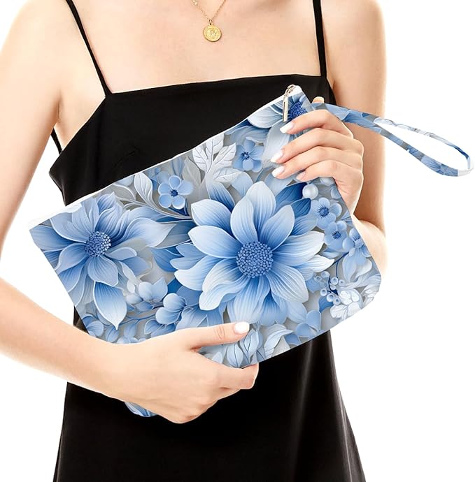 Fokongna Floral Print Wet Bag, Small Portable Waterproof Multi-Functional Organizer for Women, Ideal for Daily, Beach & Travel, Monochrome Blue Botany