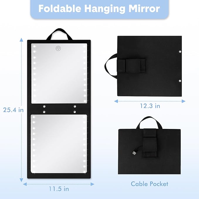 Fabuday Lighted Hanging Mirror for Dance Backstage - Rechargeable Folding LED Full Length Mirror with Lights for Dancers, Portable Foldable Travel Body Mirrors, Brightness Adjustable, Black