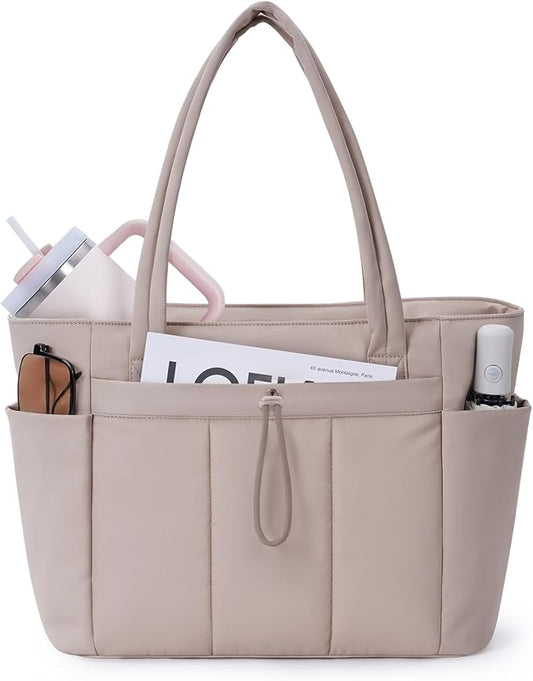 Wandering Nature Puffer Tote Bag with Cup Holder & Laptop Compartment & Trolley Sleeve for Travel, Work, Nurse, Women