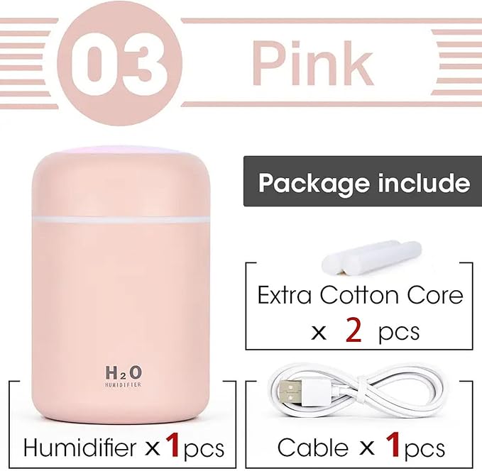 Portable Mini Humidifier, Colorful, Cool Mist, USB Powered. Perfect for Bedroom, Office & Car (300ml, Pink)