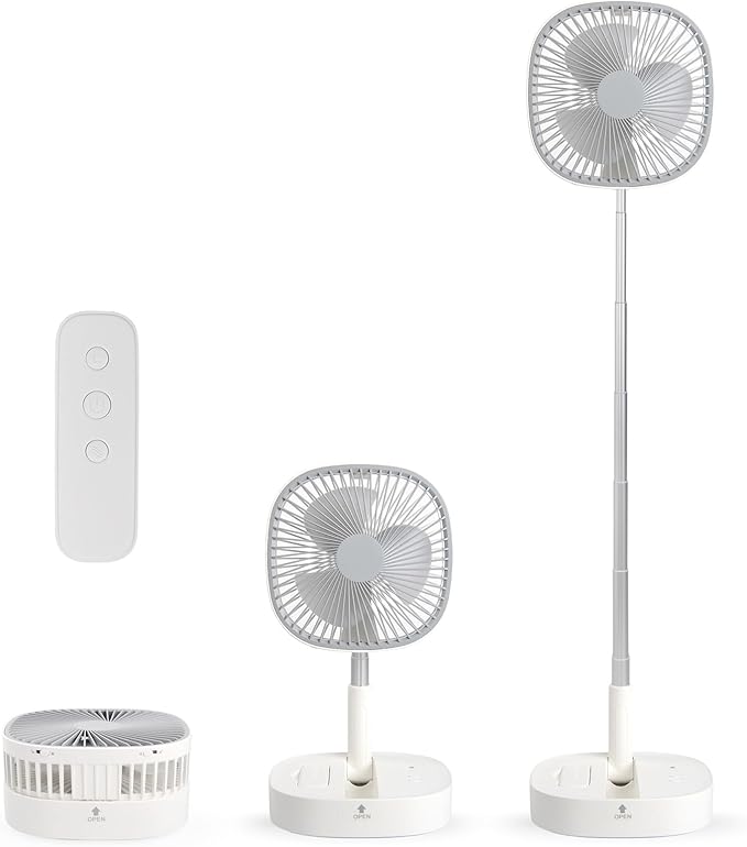 Magesh Portable Pedestal Fan - Foldaway Standing Fan Foldable Desk Fan, Use 7200Mah Rechargeable Battery, Remote Control Telescopic 4 Speed Quiet Timer Fan for Home Kitchen Outdoor Camping (Gray)