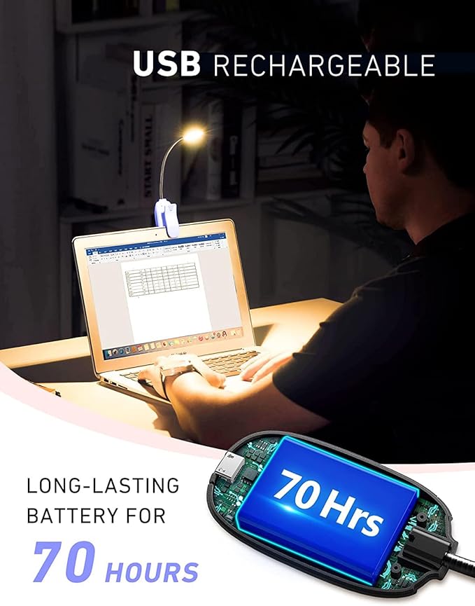 Rechargeable Book Light for Reading in Bed, 80H Reading, 3 Brightness Levels & 3 Color Temperatures, Lightweight Flexible Clip on Reading Lights for Books in Bed
