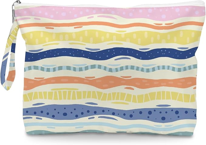 Fokongna Floral Print Wet Bag, Small Portable Waterproof Multi-Functional Organizer for Women, Multicolor Wavy Stripe,Ideal for Daily, Beach & Travel,