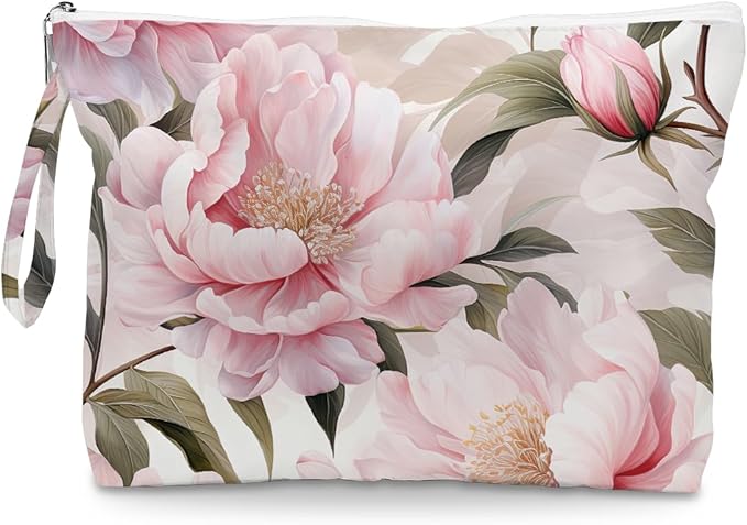 Fokongna Floral Print Wet Bag, Small Portable Waterproof Multi-Functional Organizer for Women, Ideal for Daily, Beach & Travel, Blush Pink Peony Romance