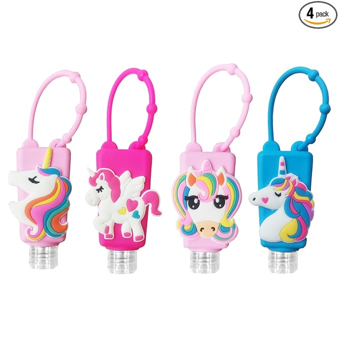 Color Land 4Pcs Unicorn Kids Empty Travel Bottles for toiletries Detachable Hand Sanitizer Holder with Silicone Case Leak Proof Travel Size Cartoon Cute Essentials Toiletries Refillable Containers