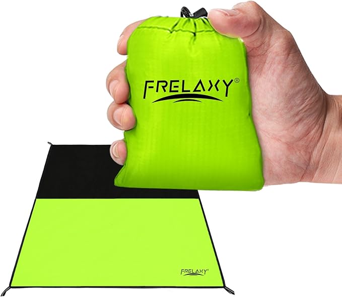Frelaxy Pocket Picnic Blanket, Waterproof Sandproof Beach Mat, Compact Camping Tarp for Festivals, Hiking, Travel, Outdoor Recreation (Neon Green & Black, 28'' x 47'')