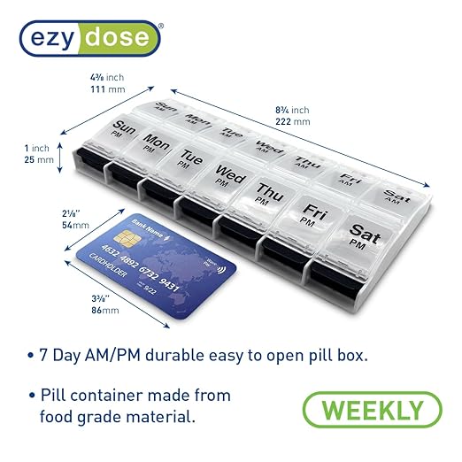 EZY DOSE Push Button (7-Day) Pill Case, Medicine Planner, Vitamin Organizer, 2 Times a Day, AM/PM Container, X-Large Compartments, Arthritis Friendly, Easy to Use, Clear Lids, Clear/Black, BPA Free
