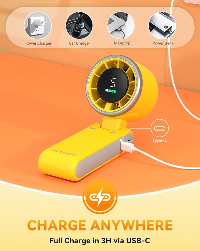 PlayHot Portable Handheld Turbo Fan, 5-Speed Personal Fan, USB-C Rechargeable Fan Up to 12 Hours, 3 IN 1 Hand Fan with Air Turbo Tech Cooling, Travel Fan for Cruise, Beach, Gifts for Women (Yellow)
