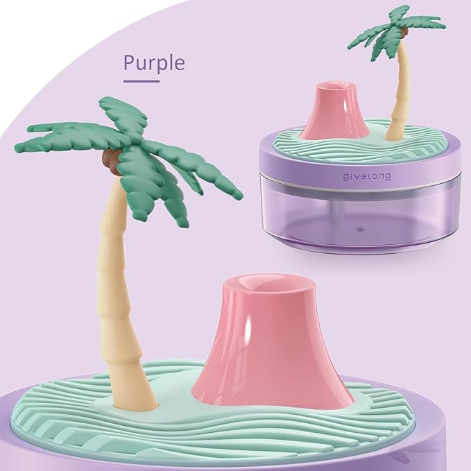 PRATIQUE Mini Portable Desktop Humidifiers for Bedroom,Small Humidifier with Cocount Tree,Quiet,Cool Mist, Auto Off,7 Colors Night Light,320ml Air Humidifier Home Office Travel (PURPLE)