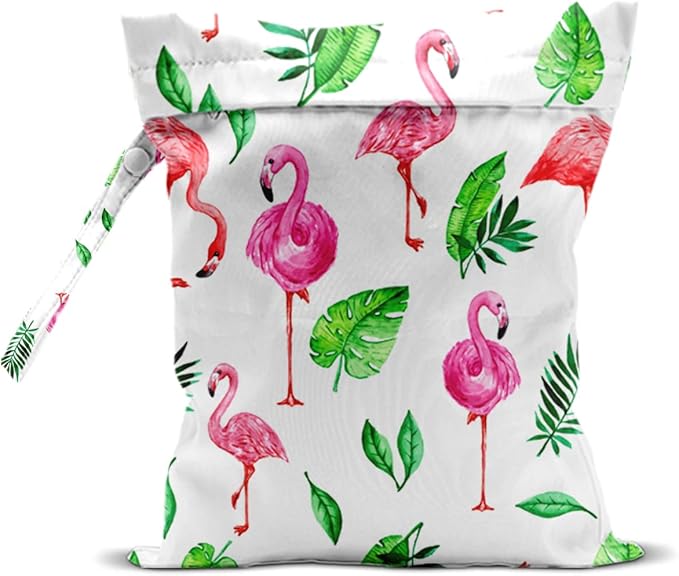 Wet Dry Bag for Swimsuit and Towels for Swimsuit Travel Beach Pool Diapers Dirty Yoga Gym Clothes Hook to Stroller Makeup Bag Waterproof Flamingo Tropical Palm Leaves Decor