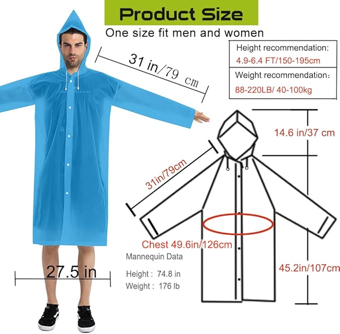 COOY Rain Coats (2 Pack) - Reusable EVA Rain Ponchos For Adults Rain Jackets Raincoats For Men Women