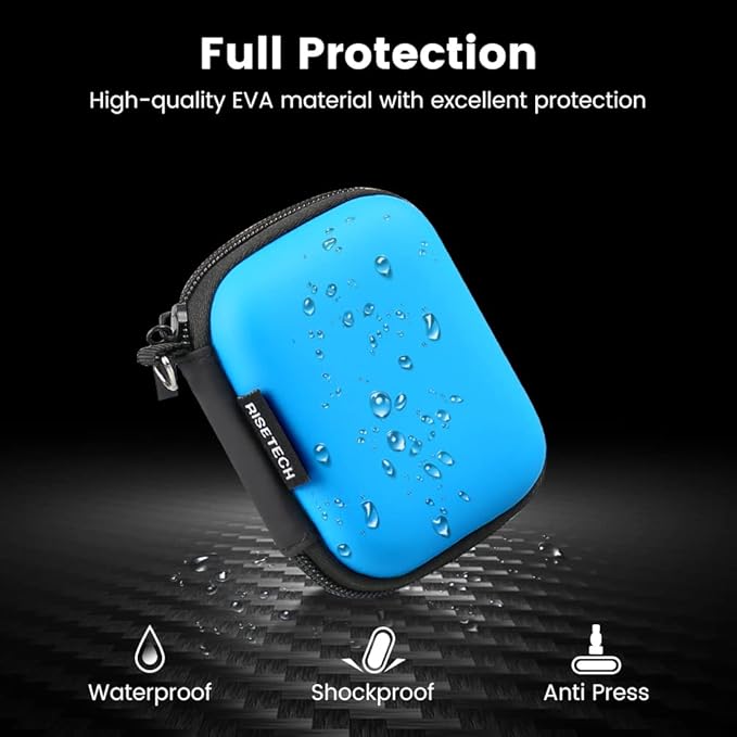 Earphone case, RISETECH Earbud Carrying Case Holder Hard EVA Headphone Small Zipper Pouch Compatible with Beats Fit Pro, TOZO A1, Bose Soundsport, EarPods, AirPods, Sony Wired Earbuds with Clip -Blue