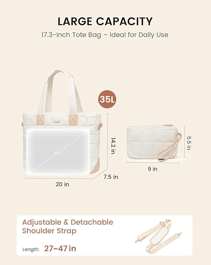 LOVEVOOK Laptop Tote Bag for Women, 17 Inch Large Puffer Work Computer Tote Bags for Teacher Nurse, Quilted Women's Purse Tote Shoulder Handbags with Zipper for Travel College Office Gym, Beige