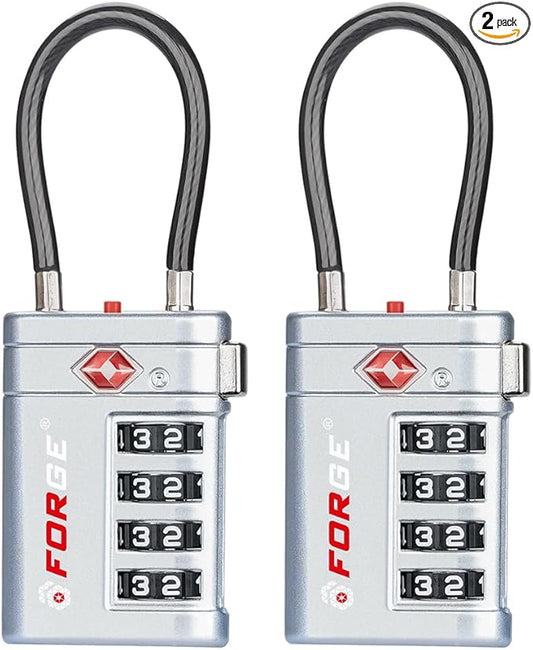 Forge TSA Approved Luggage Locks 4 Digit Combination TSA Travel Locks with TSA008, Open Alert Indicator, Zinc Alloy Body for Luggage, Suitcase, Backpack, and More. Silver 2 Locks.