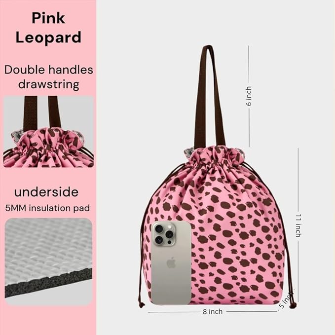 Reusable Small Lunch Bag,Drawstring Lunch Bag,Insulated Handbag Tote bag with Handle (Pink Leopard Print)