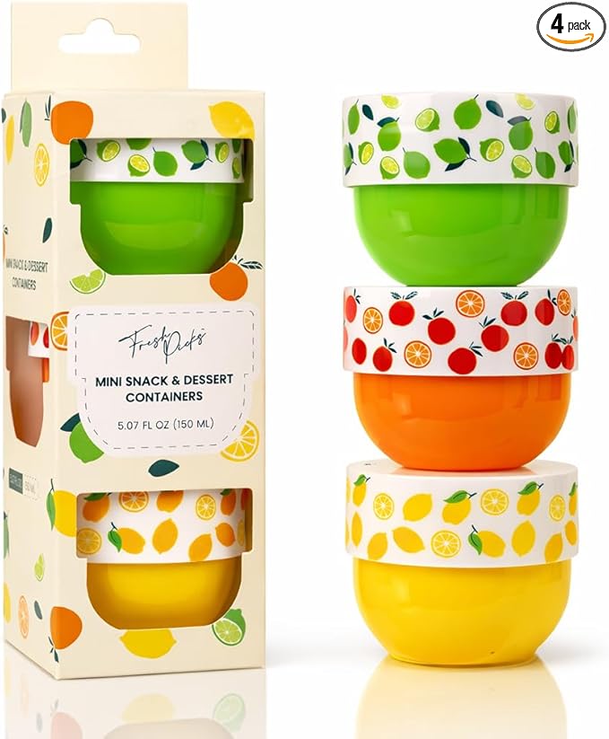 Snack Containers (4 Set) - 4.75 Oz Small Food Storage Cups with Lids - Fruit, Nuts, Sauce, Condiments & Salad Container for Lunch Box - (3 COLORS-5 Oz)