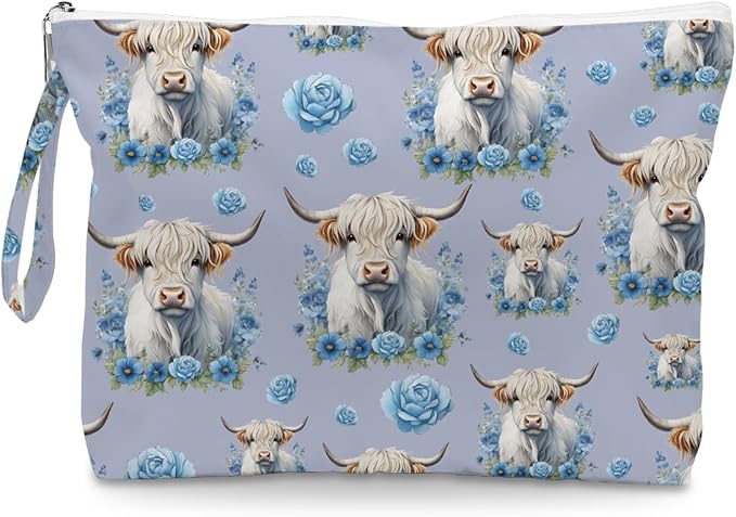 Fokongna Cute Print Wet Bag, Small Portable Waterproof Multi-Functional Organizer for Women, Blue Floral Highland Cow, Ideal for Daily, Beach & Travel