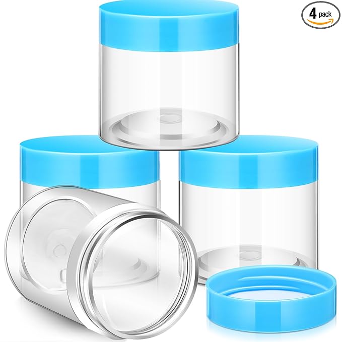 Patelai 4 Pieces Round Wide-mouth Leak Proof Plastic Container Jars with Lids for Travel Storage Makeup Beauty Products Face Creams Oils Salves Ointments DIY Making(8 Ounce,Blue)