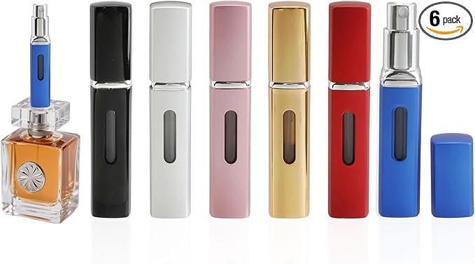 JEPELUS 6 PCS Portable Refillable Travel Perfume Atomizer, 8ml Cologne Travel Spray Bottle Empty, Mini Refill Perfume Sprayer Dispenser for Women Men, Unique Bottom-Filling Leak-Proof Scent Pump Case