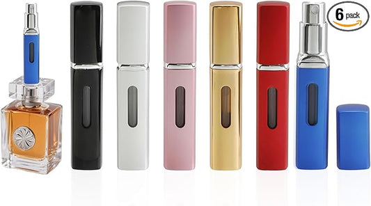 JEPELUS 6 PCS Portable Refillable Travel Perfume Atomizer, 8ml Cologne Travel Spray Bottle Empty, Mini Refill Perfume Sprayer Dispenser for Women Men, Unique Bottom-Filling Leak-Proof Scent Pump Case