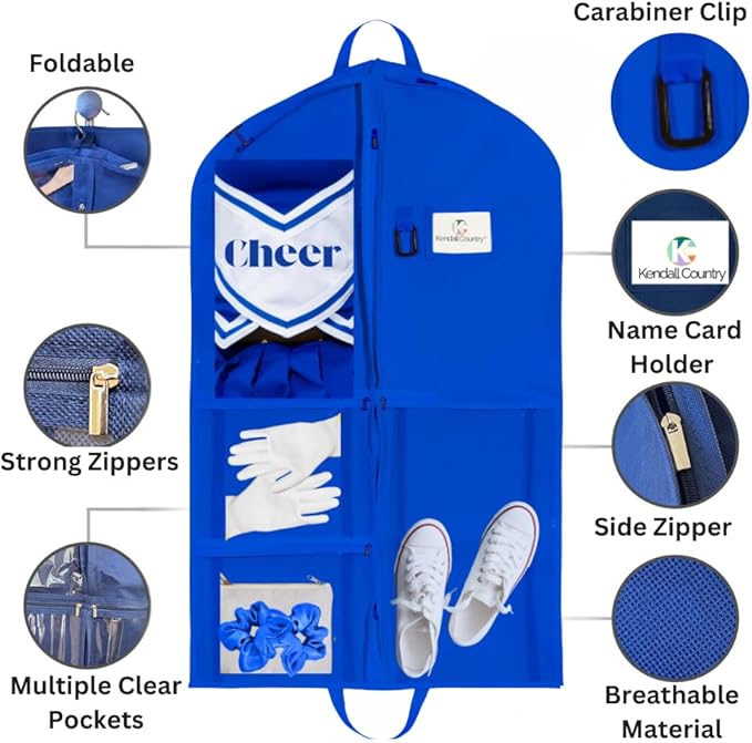 Waterproof Hanging Garment Bag 40 inch Clothes Bag with Gusset, 5 Pockets Side Zip for Dance Costumes Sports Skating Theatre Pageants Cheer Cosplay Kendall Country (Royal, 40 inch)