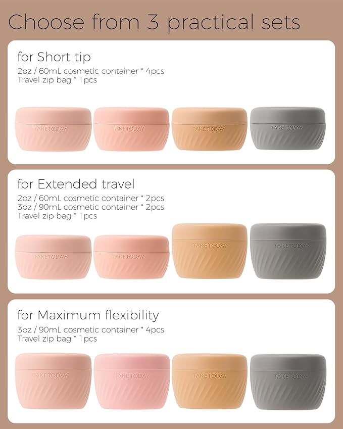 TakeToday Travel Containers for Toiletries, Leak-Proof, TSA Approved, Refillable Silicone Cylindrical Cream Jars with Lid for Cosmetic Toiletry, 3oz, 4 Pack, Apricot